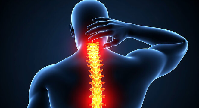 3D illustration of human neck and spine pain with glowing vertebrae highlight