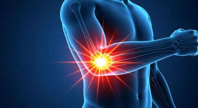Human elbow joint pain anatomy with painful inflammation glow 3d illustration