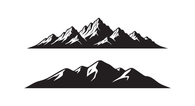 Mountain range silhouettes set showing rocky peaks and hills isolated on white background outdoor landscape graphic.