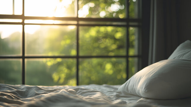 Sunlight streaming through a window onto a bed with white pillows and rumpled sheets