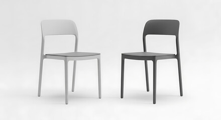 Fototapeta premium Two minimalist white wooden chairs with black seat cushions, isolated on white background, furniture