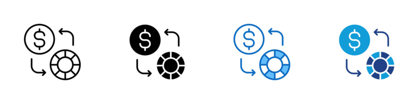 Chip Exchange Multiple Style Icon Design Vector - Dollar symbol with chip and arrows representing currency exchange, betting conversion, and casino transaction