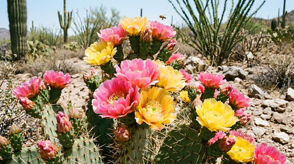 Fototapeta premium Vibrant Desert Cactus Blooms in Full Color with a Bee Flying Nearby on a Sunny Day