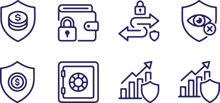 Set of financial security and data protection thin line vector icons