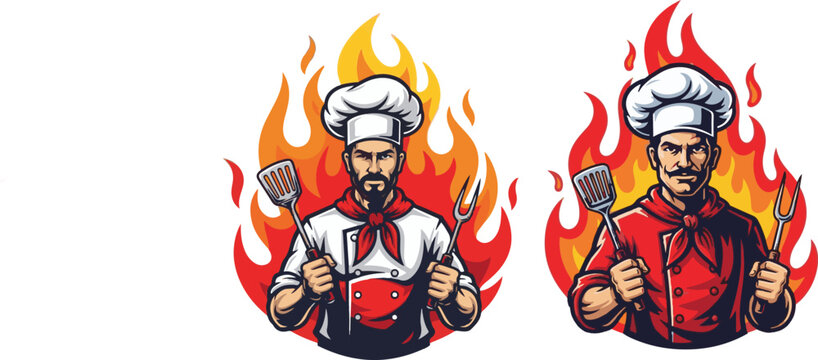 Two professional chef characters with cooking tools and flames background