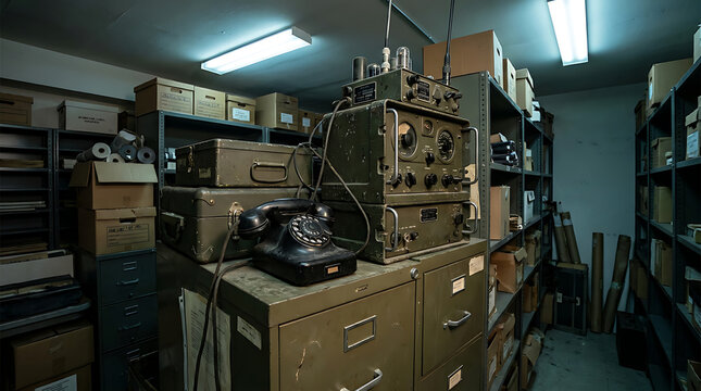 Vintage Military Radio and Telephone Equipment Stacked in a Dusty Archive