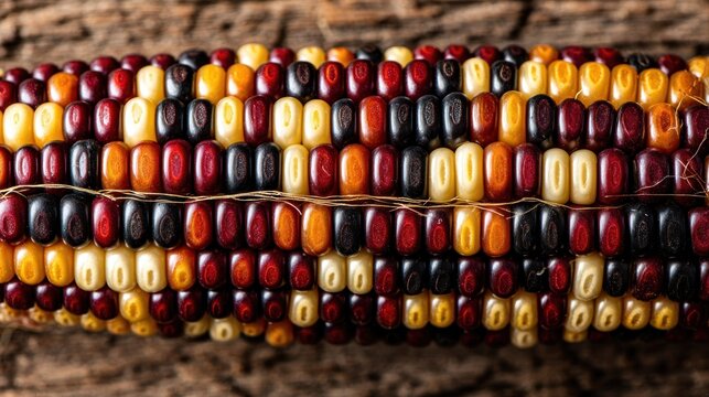 Close up of multicolored corn cob with detailed texture on wooden surface