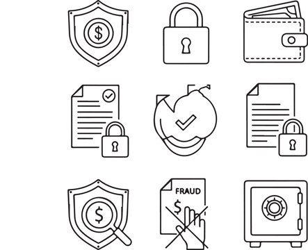 Cybersecurity and fraud prevention thin line vector icon set