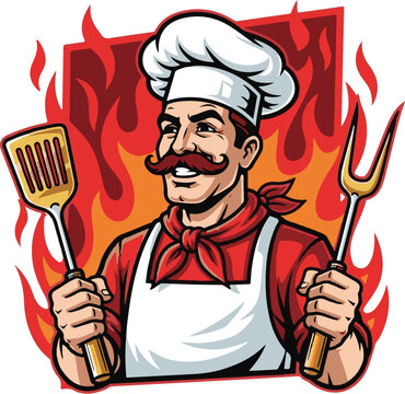 Professional chef mascot character holding spatula and fork on fire
