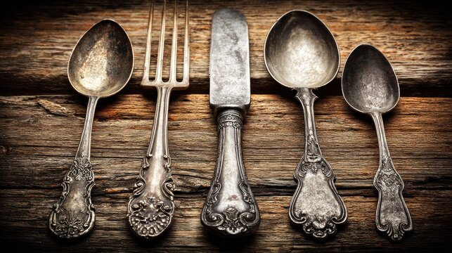 Close up of antique silverware on rustic wooden table for culinary design