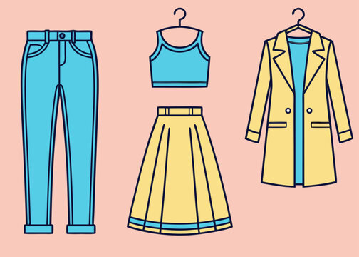 A collection of four women's fashion pieces featuring blue denim jeans a blue crop top on a hanger a yellow pleated skirt and a yellow coat on a peach background.