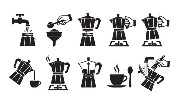 Coffee brewing process moka pot icon set with espresso beverage instructions