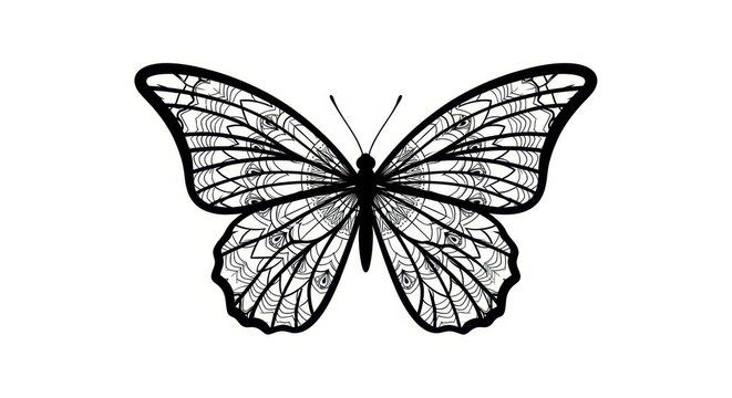 Detailed butterfly illustration features intricate symmetrical patterns on white background.