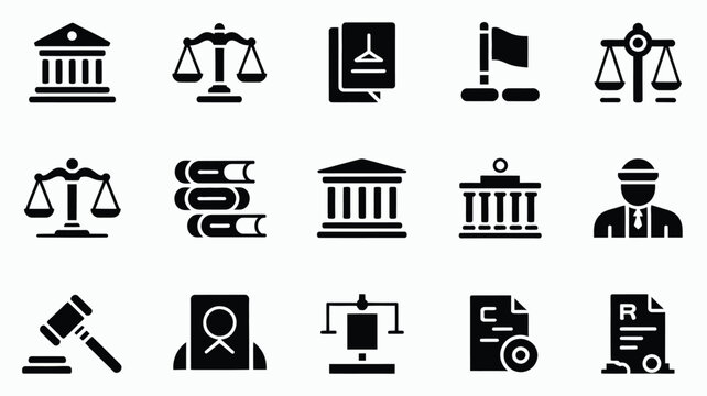 Vector icon bundle featuring 12 law and justice symbols including scales buildings and legal documents on white background