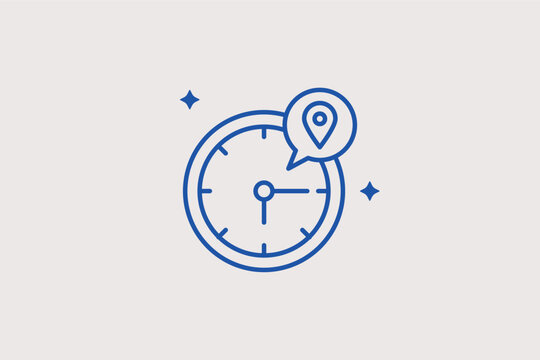 Clock with location pin line icon for time-zone tracking and scheduling arrivals at specific destinations. Precise vector illustration for international logistics platforms and travel itinerary manage