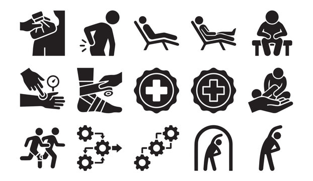 Medical rehabilitation and physical therapy glyph icons with rehabilitation