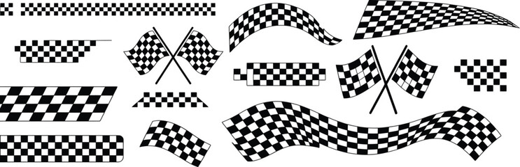 Fototapeta premium Collection of black and white racing checkered flags on transparent background
