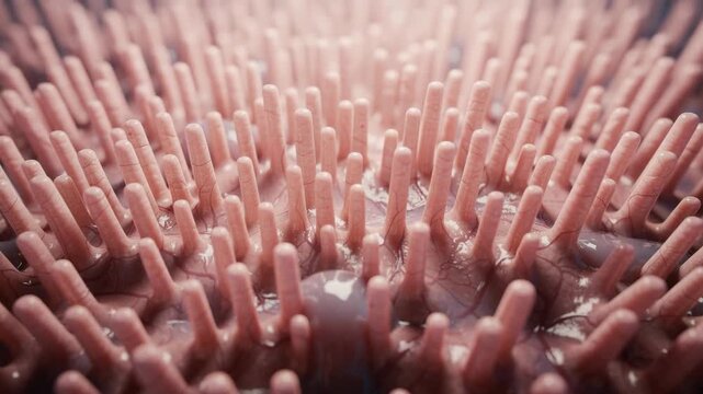 Detailed close up animation of intestinal villi absorbing nutrients showing healthy digestion and nutrient absorption process