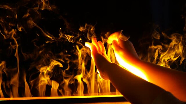 Human hands gently moving through hot. Bright yellow steam vapor rising from a source below. Creating a mesmerizing and tactile interaction with the warm. Swirling tendrils against a dark background