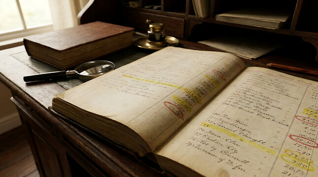 An antique ledger book open on a wooden desk with handwritten entries and yellow highlighting