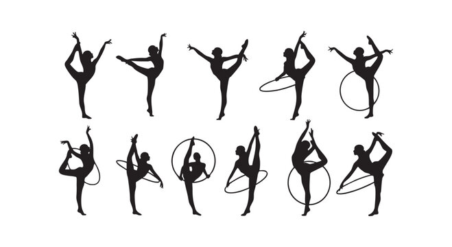 Set of gymnastic women performing rhythmic gymnastics with hoops vector silhouettes on isolated white background art.