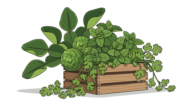 Fresh Herbs and Kaffir Lime in a Wooden Crate, Healthy Ingredients for Cooking and Aromatherapy, Isolated on White