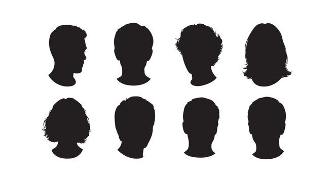 Set of human head silhouettes depicting diverse facial profiles and front views for identity or profile templates.