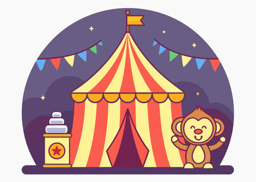A colorful red and yellow striped circus tent at night with a smiling monkey and a podium under a dark purple sky with twinkling stars.