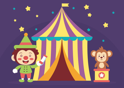 A whimsical circus scene with a purple and yellow striped tent a green clown holding a juggling club and a monkey standing on a podium at night.