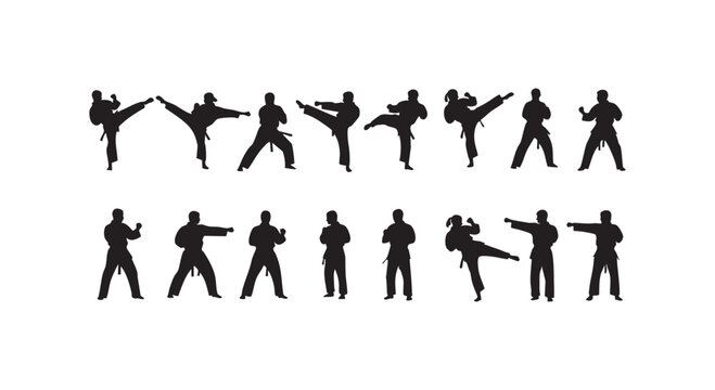 Set of karate fighters silhouettes performing various martial arts kicks and punches isolated on white background design.