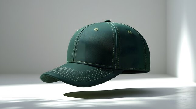 Hyper-Realistic Dark Green Fitted Cap Floating in Minimalist White Room