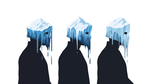Three silhouetted people with melting icebergs on their heads