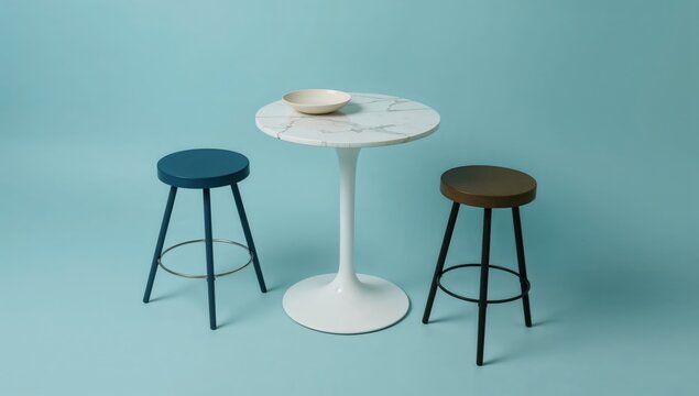 Modern minimalist marble table with two stools and bowl against blue background