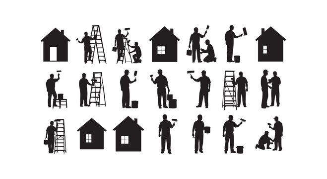 Set of professional construction workers painting houses with rollers and ladders showing daily maintenance tasks routine.
