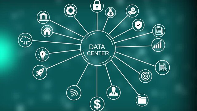 A conceptual diagram illustrating Data Center operations with a central hub labeled Data Center connected to for security finance data and analytic 4k Animation video on Black Background