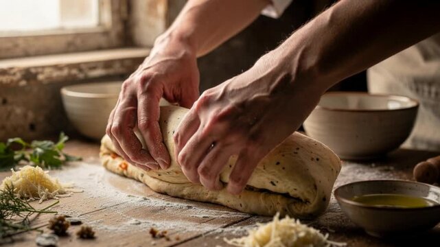 Hands skillfully folding savory meat stuffed dough on rustic wooden board cooking process