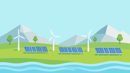 Renewable energy landscape with wind turbines and solar panels © Wester