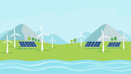 Wind turbines and solar panels in green landscape © Wester