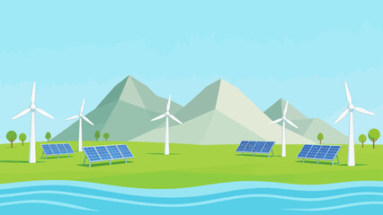 Renewable energy landscape with wind turbines and solar panels © Wester