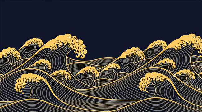 Traditional japanese wave pattern with golden lines on a dark blue background