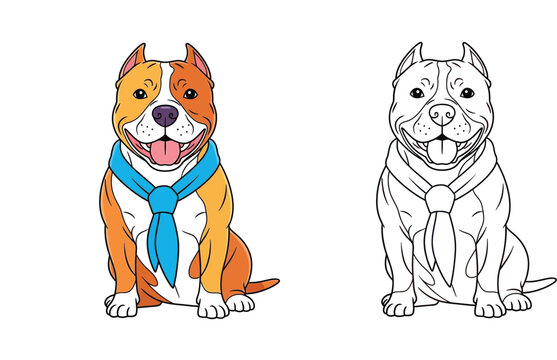 Cute pitbull dog cartoon wearing blue scarf, colorful and black white outline vector illustration for coloring book page