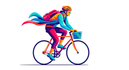 Fototapeta premium Young girl in colorful superhero costume riding a bicycle with a basket helmet