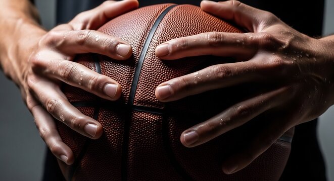 Close-up of a basketball players hands gripping a basketball.