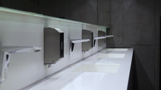 Minimalist interior of a contemporary public lavatory featuring a row of white sinks, chrome faucets, and stainless steel soap dispensers, reflecting a clean and modern design aesthetic