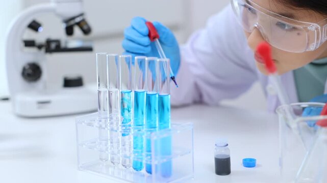 Teen scientist girl conducting science test by carefully evaluating blue solution in laboratory. Science, laboratory, experiment, and research demonstrate academic progress and practical skills.