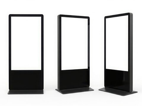 Three sleek black display stands with clear panels and black bases