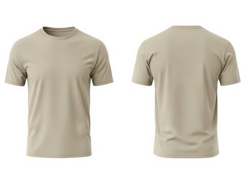 A pair of beige short-sleeved t-shirts displayed from front and back view
