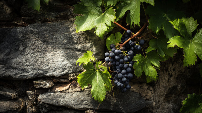 A cluster of ripe black grapes hangs from a vine against a textured stone wall. The leaves are vibrant green, contrasting with the dark fruit.