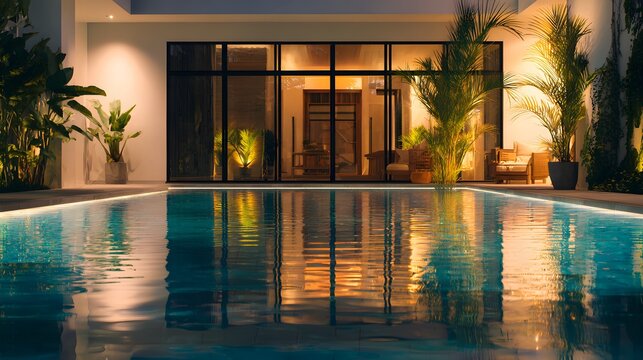 Modern luxury villa with pool at sunset. Contemporary architecture for elite real estate. Elegant evening lighting and water reflection.