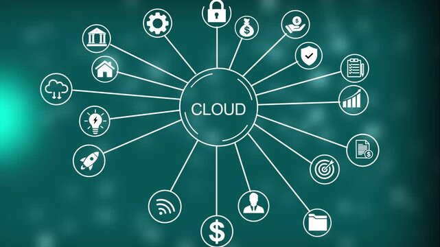 A digital infographic depicting Cloud computing services with a central hub labeled Cloud connected to for security finance data and analytic 4k Animation video on Black Background